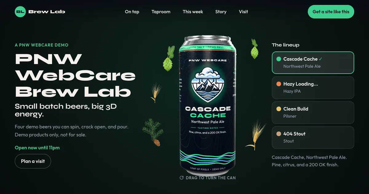 PNW WebCare Brew Lab concept website screenshot