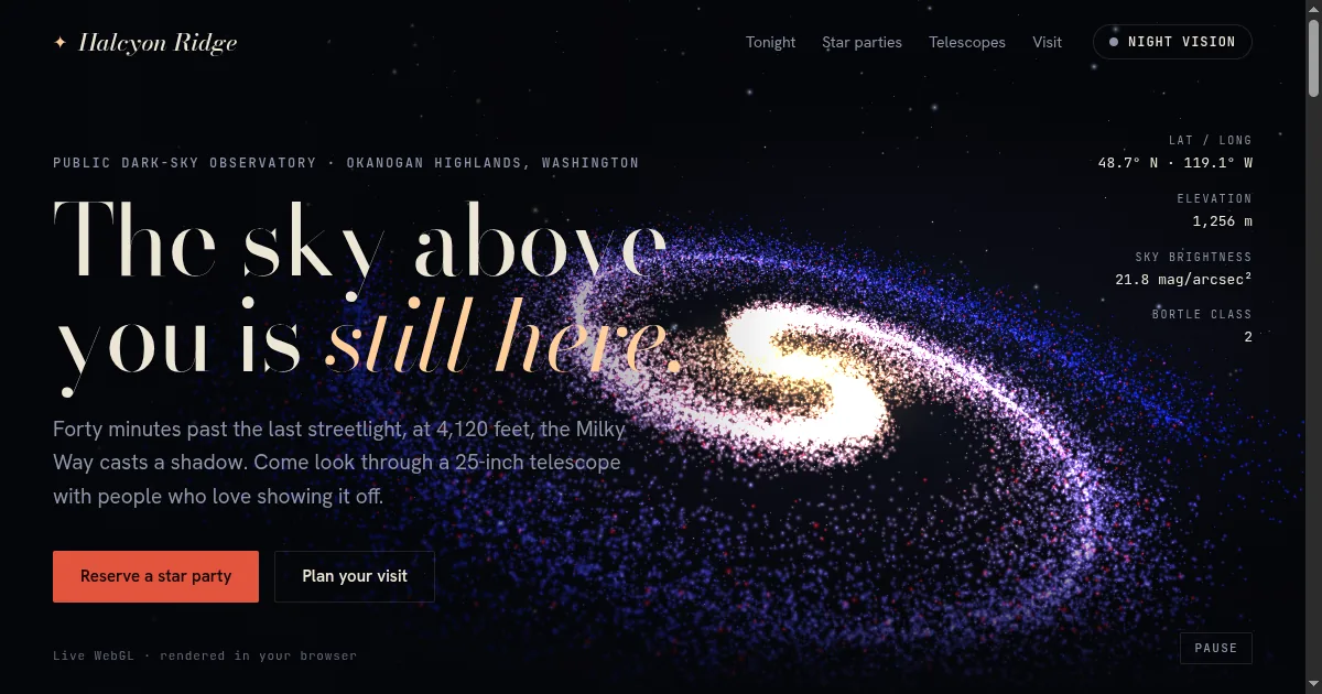 Halcyon Ridge Observatory concept website screenshot